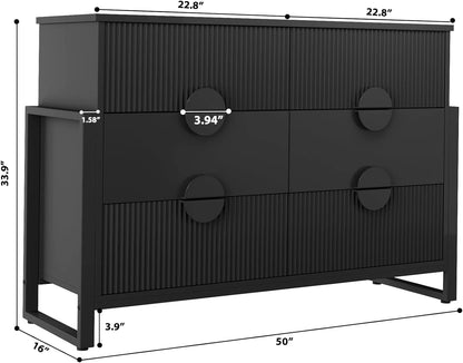 LGHM 3 Piece Bedroom Dresser and Nightstand Set, Fluted Wide Chest of Drawers, Bed Side Table End Table with LED Lights for Living Room, Black