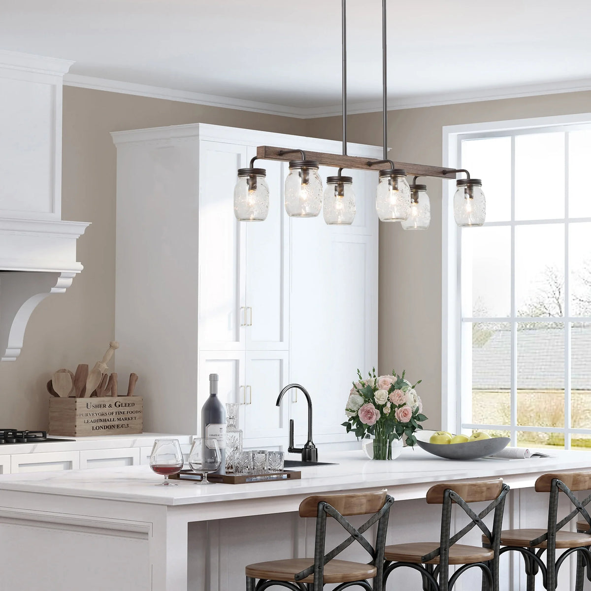 Modern Farmhouse 6-Light Chandelier Linear Island Lights for Kitchen Island Dining Room - L27.5" x W11"x H 71.5"