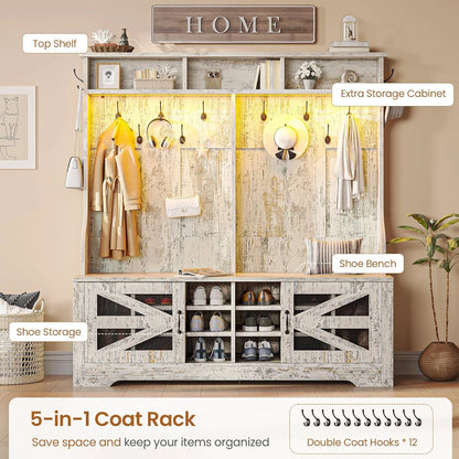 Hall Tree with Coat Rack and 16 Shoe Cubbies, 5-in-1 Entryway Bench with Bench and Shoe Storage, Barn Door & Adjustable Shelf, Embossed White