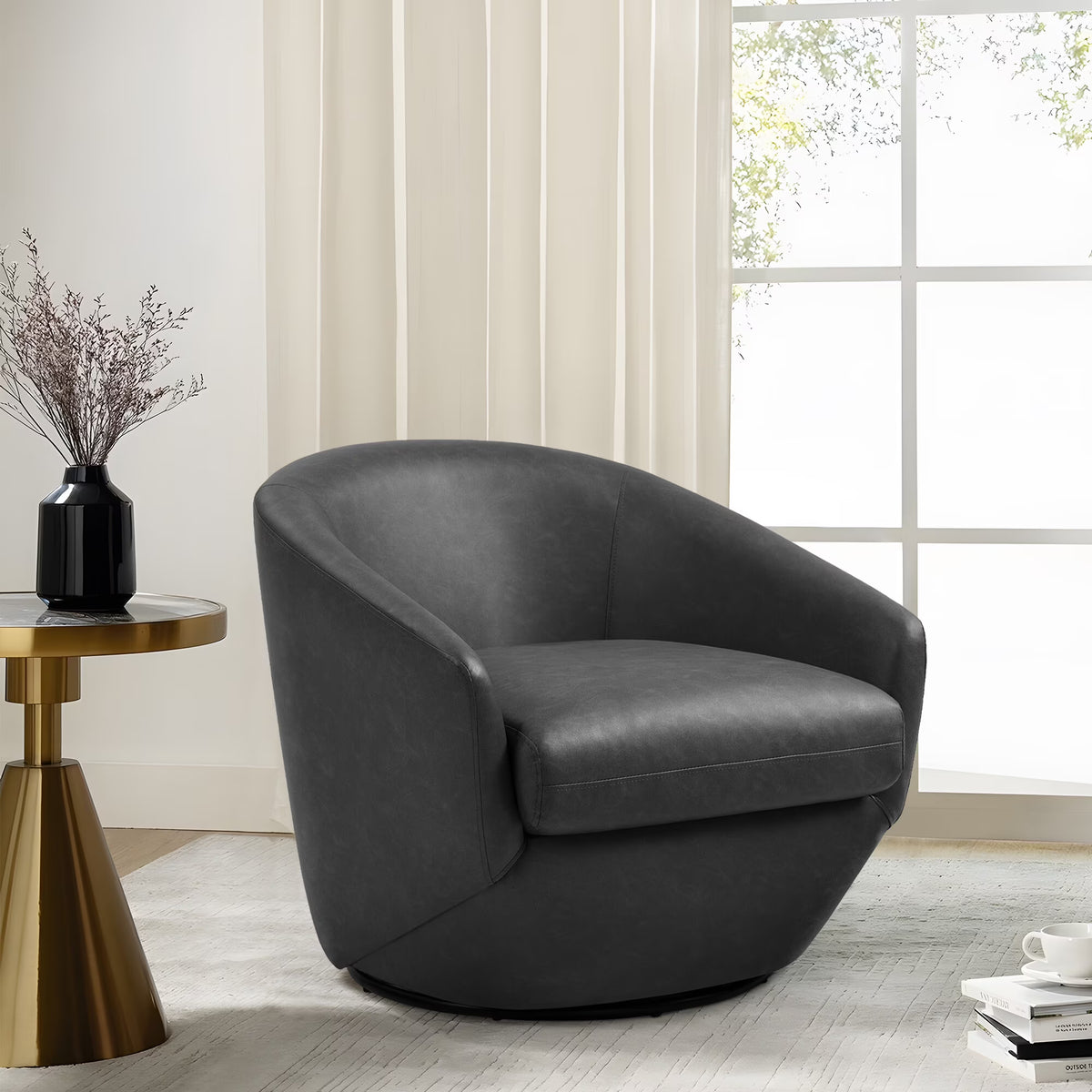 DREAMSIDEA Faux Leather Swivel Accent Chair Sets of 2 360�� Swivel Barrel Chair,Swivel Club Sofa for Living Room, Bedroom, Office,Brown