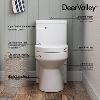 DeerValley Liberty Compact Toilets One-Piece Toilet With High-Efficiency Flush Round Toilet for Space-Saving Floor Mounted 12 in. Rough In 1-Piece 1.1/1.6 GPF Dual Flush (Seat Included)