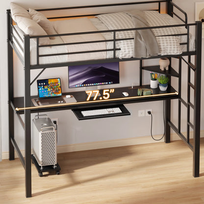 Lofka Twin Loft Bed with L-Shaped Desk, RGB Lights & Charging Station, 400lb Capacity Metal Frame, 3 Shelves & 2 Drawers, Easy Assembly��White