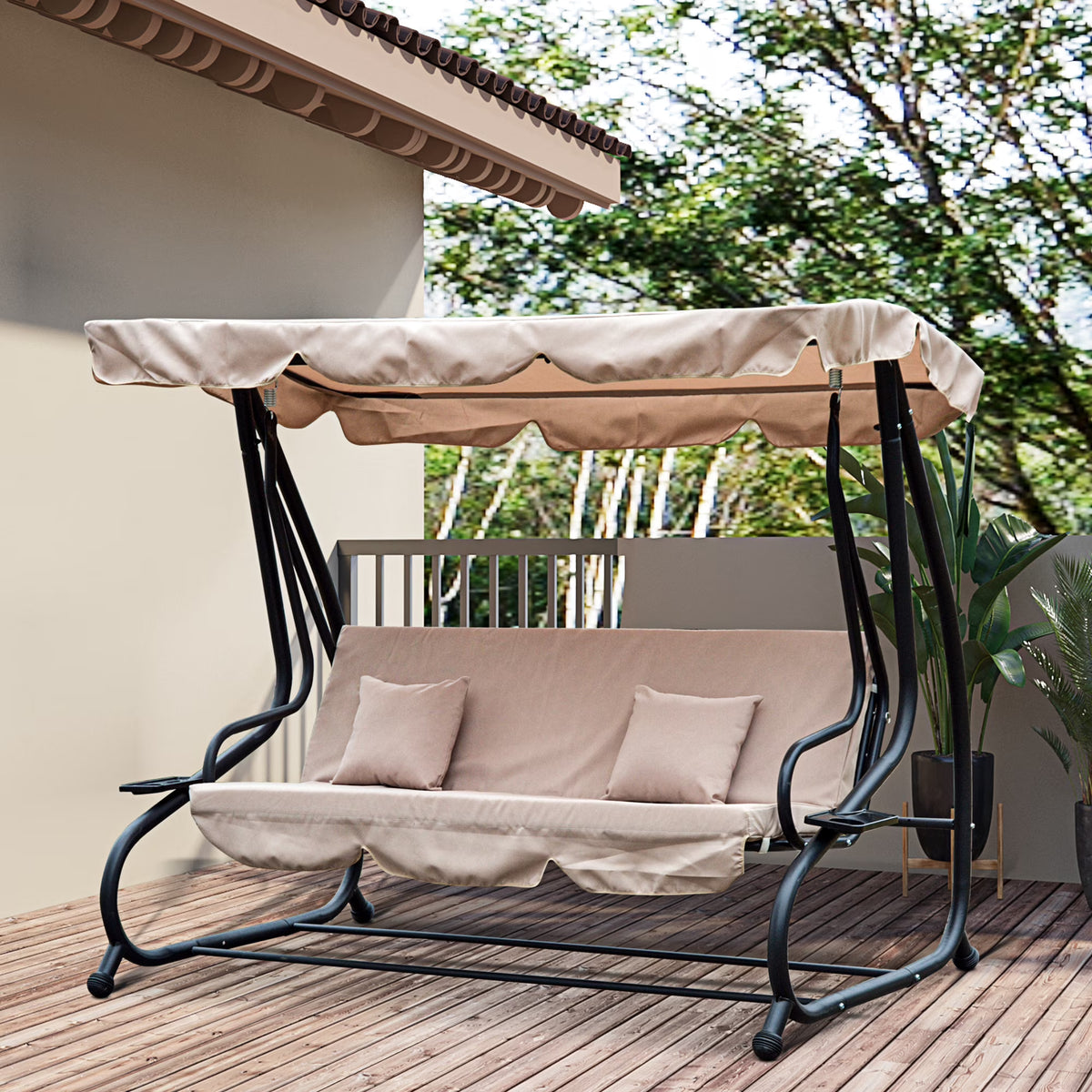 Outsunny 3-Seat Steel Outdoor Canopy Porch Swing with Cushions and Pillows, Light Brown