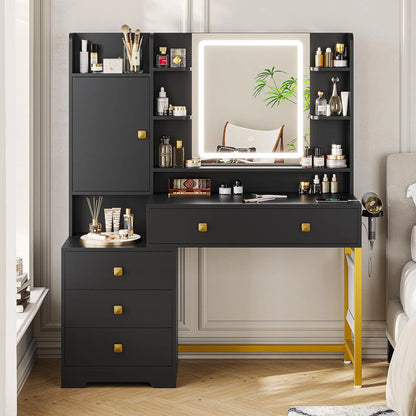 Makeup Vanity Desk with Lighted Mirror & Charging Stations & 6 Drawers Large Vanity Table Bedroom Dressing Table with Glass Tabletop&Side Cabinet&Glass Tabletop, Black
