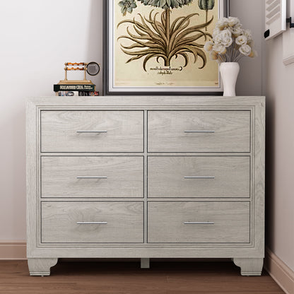 Homhougo White Dresser for Bedroom 6 Drawer, Wood Organizer Storage Cabinet with Gray Strip Drawer Door, Chest of Drawers for Closet, Living Room, Hallway, Nursery, Kids Bedroom