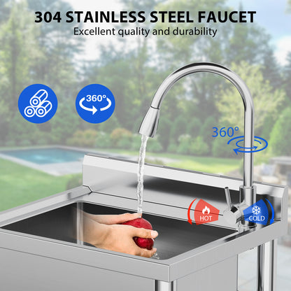 Garvee Utility Sink,24"Dx20"Wx41"H,Stainless Steel Sink with Hot & Cold Hoses,Storage Shelve,Faucet for Kitchen,Laundry Room,Backyard,Garage