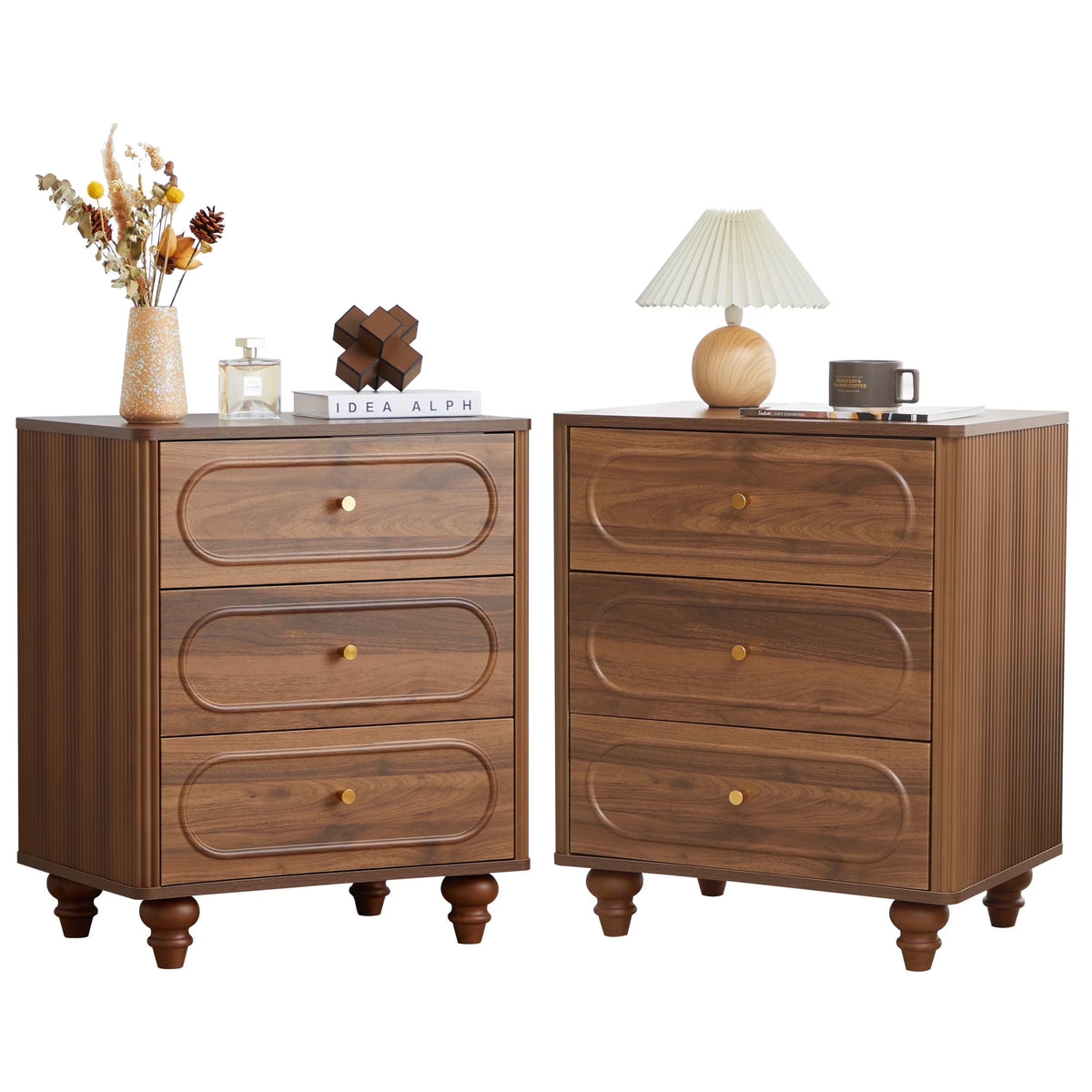 YOCWO 3 Drawer Nightstand, Classic Chest of Drawers with Arc Edge, Walnut