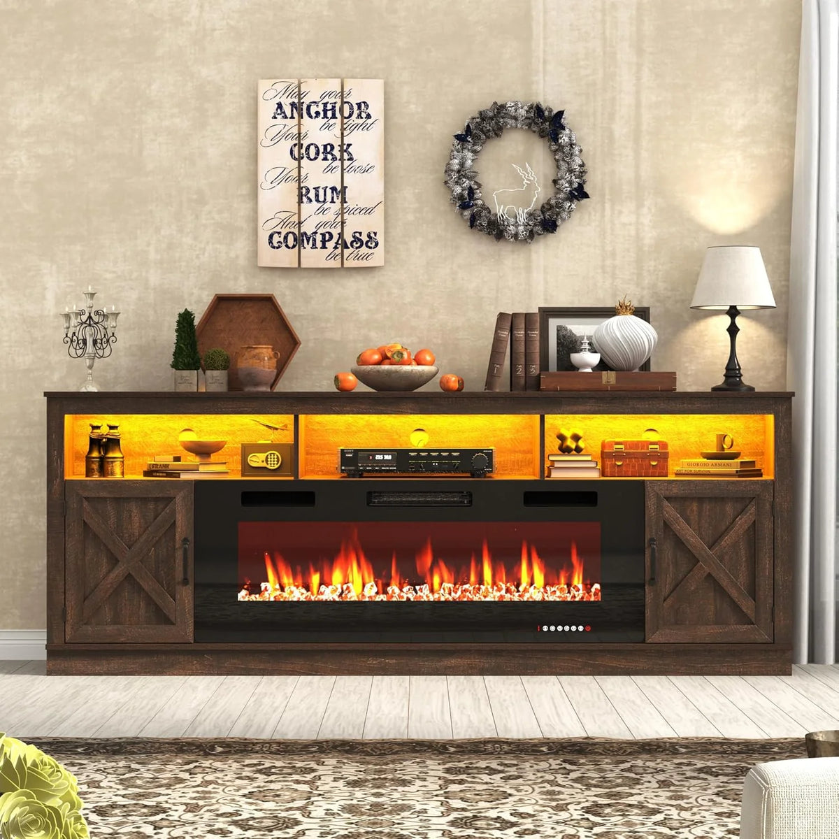 ChVans 70" Fireplace TV Stand for TVs up to 80" with 36" Electric Fireplace, Farmhouse Entertainment Center with LED, Wooden Media Console for Living Room, Bedroom
