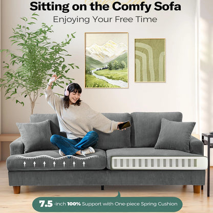 87" Corduroy Sofa,3 Seater Sofa with Extra Deep Seats,Neche Comfy Upholstered Couch for Living Room,2 Pillows,Green