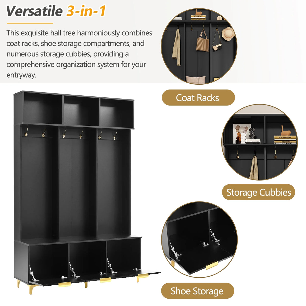 Euroco Modern Hall Tree with High Gloss Fluted Doors, Gold Accents, Shoe Storage & Bench a?? Entryway Organizer with Cubbies and Coat Hooks