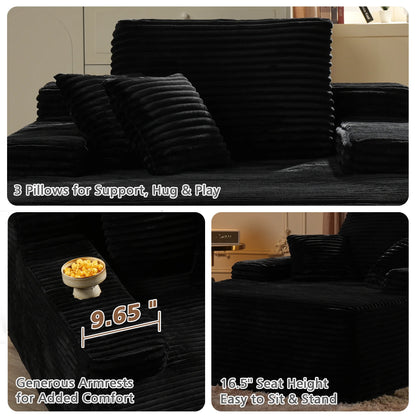 Ovios 67'' Oversized Chaise Lounge Chair Indoor Cloud Plush Corduroy Floor Sofa Bed Deep Seat No Assembly Couch for Living Room, Black