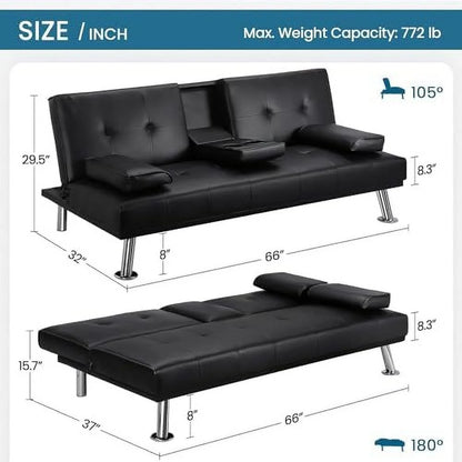 Convertible Folding Futon Sofa Bed Sleeper Couch for Living Room, Modern Faux Leather Upholstered Loveseat w/Removable Armrests, Metal Legs, 2 Cup Holders, Love Seat Sofa Bed for Small Spaces (Brown)
