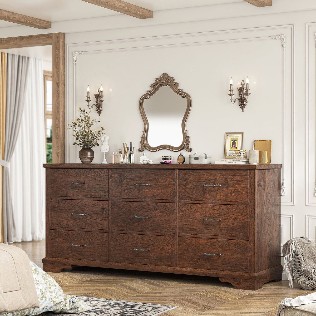 EnHomee Wood Dresser for Bedroom 9 Drawer Dressers&Chest of Drawers 63"L x 15.7"W x 31.5"H,Brown