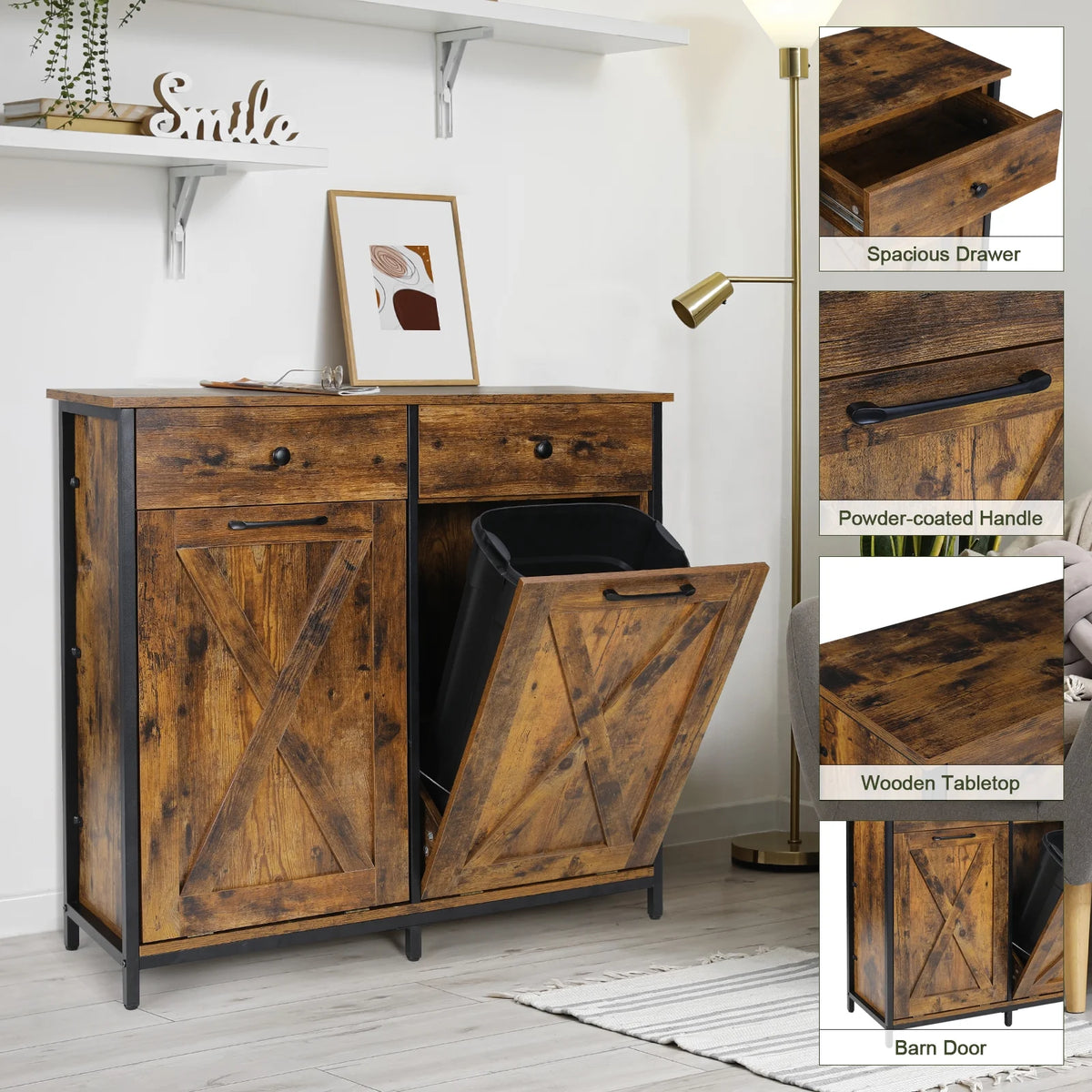 Pirecart 20 Gallon Double Tilt Out Trash Cabinet Wood Hidden Storage Cabinet, Recycling Cabinet with 2 Drawers, Black