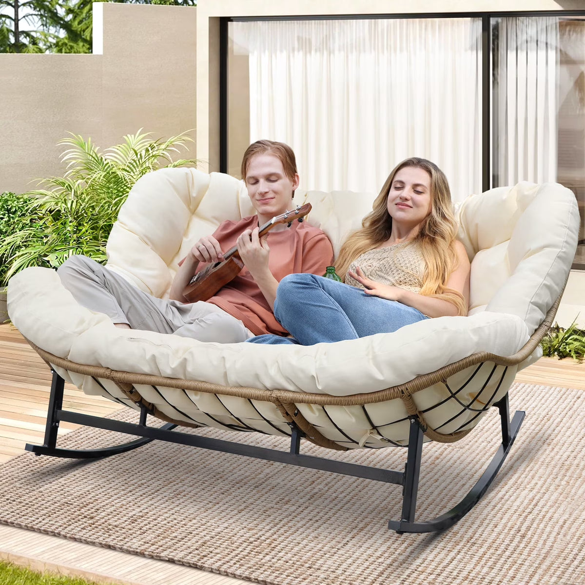 RADIATA Beige Double Outdoor Rocking Chair, 2 Person Patio Rocking Egg Chair with Thick Cushion