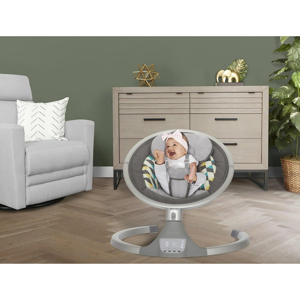 Dream On Me Zazu Baby Swing. Baby Swing for Infant. 5 - Swinging Speed. Two Attached Toys. Bluetooth Enabled and Remote Control. Grey and Blue