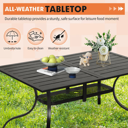 SOLAURA Outdoor Patio Dining Rectangle Metal Table for 6-Person with Umbrella Hole, Black