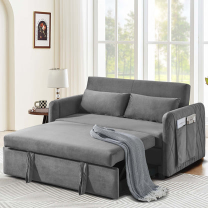 Momspeace 55" Modern Velvet Pull Out Sofa Bed Loveseat Lounge Chaise,Sleeper Sofa Bed with Adjustable Backrest 2 Detachable Arm Pockets - Gray
