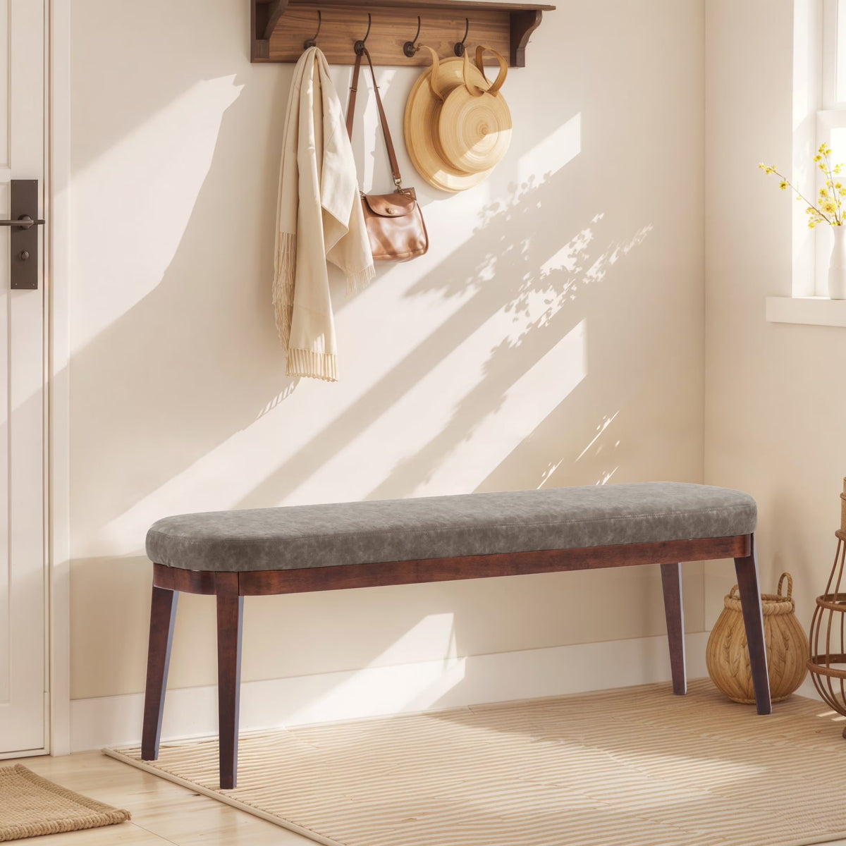 Eleanor Mid-century Upholstered Dining Bench, Entryway Bench with Solid Wood Frame, Beige