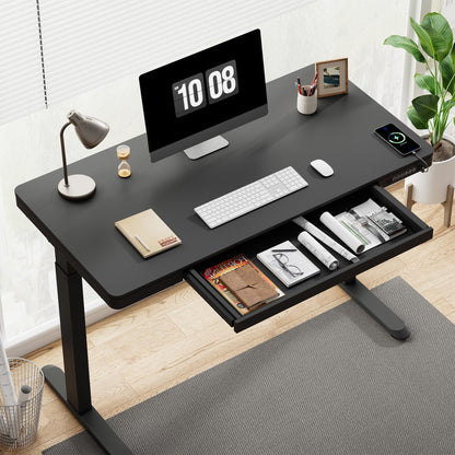 FLEXISPOT 48" W Home Office Height Adjustable Standing Desk White and Maple with USB Charge Ports and Embedded Drawer