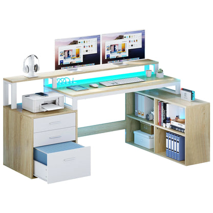Dextrus 65" L Shaped Desk with Power Outlets and Monitor Stand , Computer Desk with LED Light &File Cabinet, Corner Desk with 3 Drawers & 4 Open Storage Shelves, Modern Home Office Desk, White