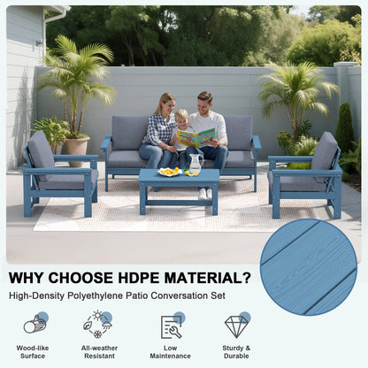 SERWALL Outdoor Patio Furniture Set, 7-Piece HDPE Outdoor Sofa Set Patio Conversation Set, Black Frame with Beige Cushions