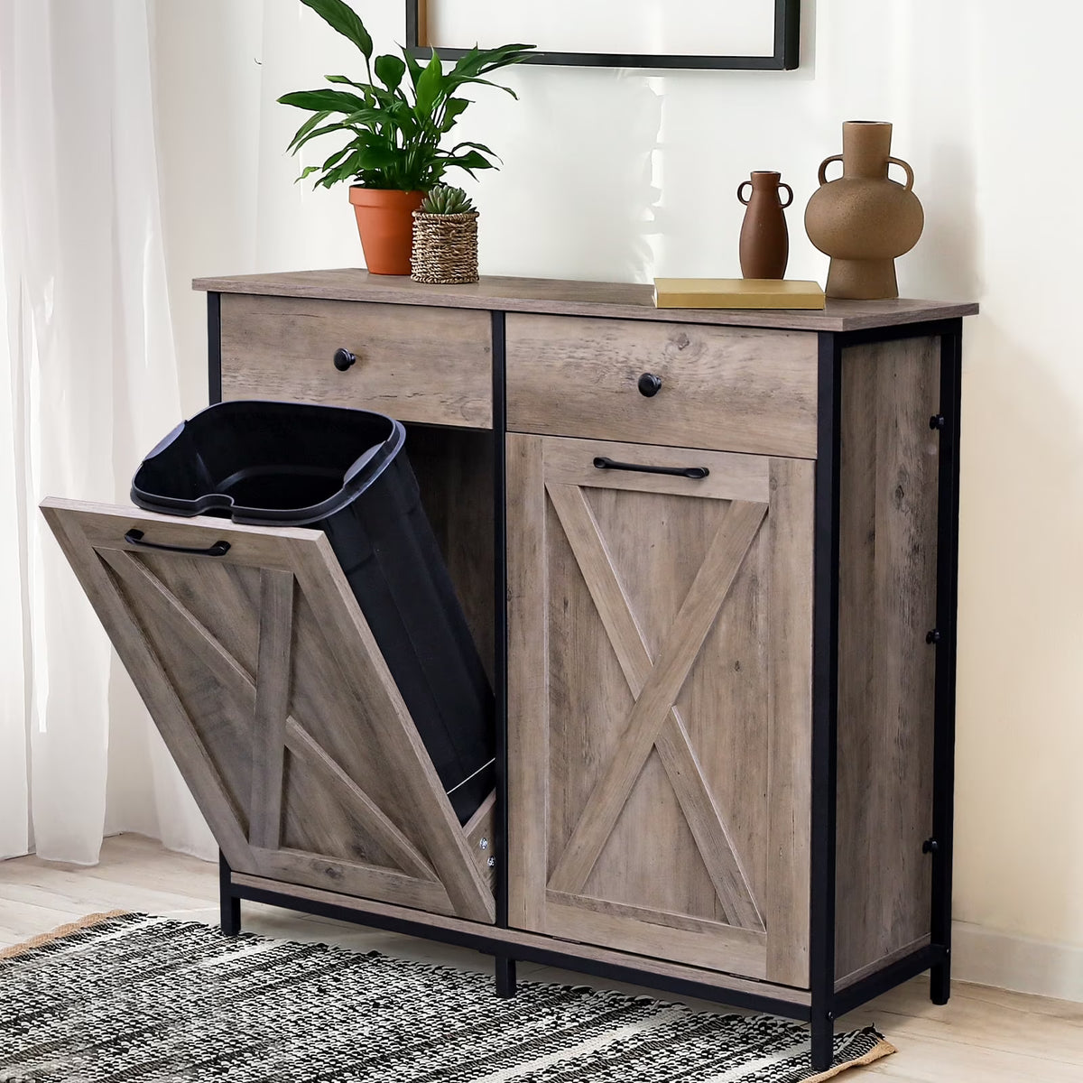Pirecart 20 Gallon Double Tilt Out Trash Cabinet Wood Hidden Storage Cabinet, Recycling Cabinet with 2 Drawers, Black