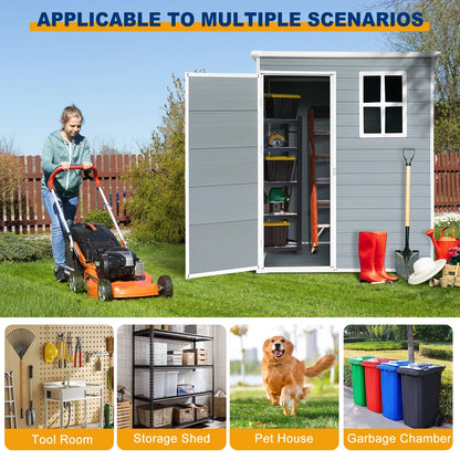 5'��3' Outdoor Storage Shed, Resin Storage Cabinet, Garden Tool Shed with Double Lockable Doors, Organizer Cabinet for Patio Yard, Gray