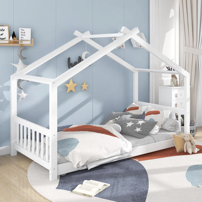 Euroco Wood House-Shaped Twin Platform Bed for Kids, Low Profile House Bed, No Box Spring Needed, Wood Color