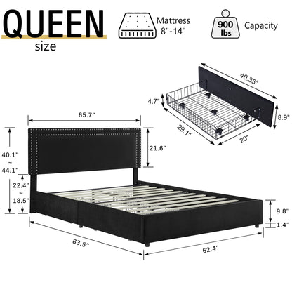 VECELO Full Bed Frame with 4 Storage Drawers (Wheeled) and Tufted Upholstered Adjustable Headboard Platform Bed, Beige
