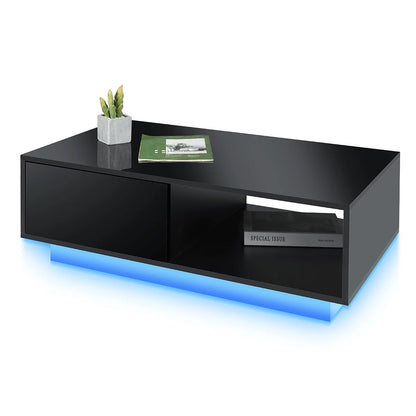Hommpa LED Coffee Table Modern Side Tables High Gloss Black Cocktail Table with 2 Drawers Open Shelf for Living Room