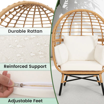 Skandiquip Oversized Rattan Adult Egg Chair, 360 Swivel, Outdoor Patio Chair with overstuffed Cushions, Indoor Large Wicker Egg Chair, Natural Rattan, Beige Cushion