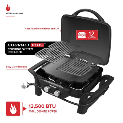 Nexgrill Fortress 2-Burner Portable Gas Grill & Griddle Combo with 263 SQ In Cooking Space, Easy Lift Handles, 13,500 BTU, 2-in-1 Small Tabletop Grill for Camping, Outdoor Cooking, and More 820-02005