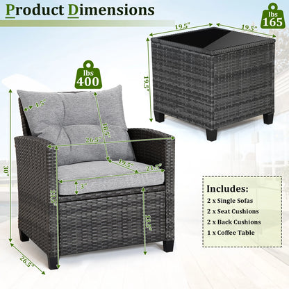 Gymax 3PCS Patio Rattan Sofa Set Outdoor Wicker Conversation Set Glass Tabletop w/ Grey Cushion