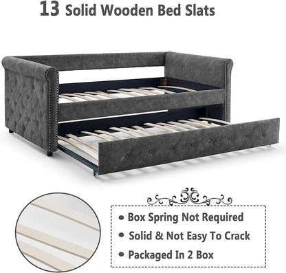 Daybed with Trundle, Muumblus Modren Kids Pull Out Sofa Bed for Bedroom & Living Room, Twin Size, Grey Linen Upholstered
