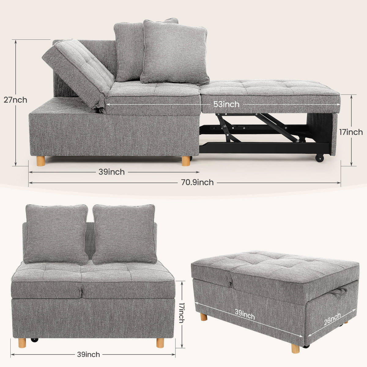 SEJOV 4-in-1 Convertible Sleeper Chair Bed, Linen Sofa Bed for Small Space, Futon Sofa with 2 Throw Pillows for Living Room, Single Recliner with 5 Adjustable Backrest for Bedroom Apartment, Brown