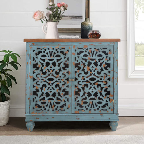 Sophia & William Hollow-Carved Credenzas and Sideboards, Wood Blue, 2 Shelves