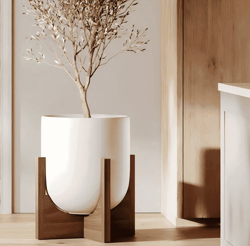 BEMAY 12" White Ceramic Planter with Wood Stand, Large Indoor Plant Pot and Flower Pot for Tall Plants and Houseplants, Mid Century Modern Decor
