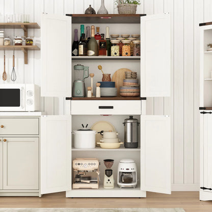 72" Tall Farmhouse Kitchen Pantry Cabinet w/1 Drawer & 4 Roomy Storage Shelves, Versatile Wood Storage Cabinet with 4 Barn Door & Adjustable Shelves &  for Dining Room Bathroom Utility Room