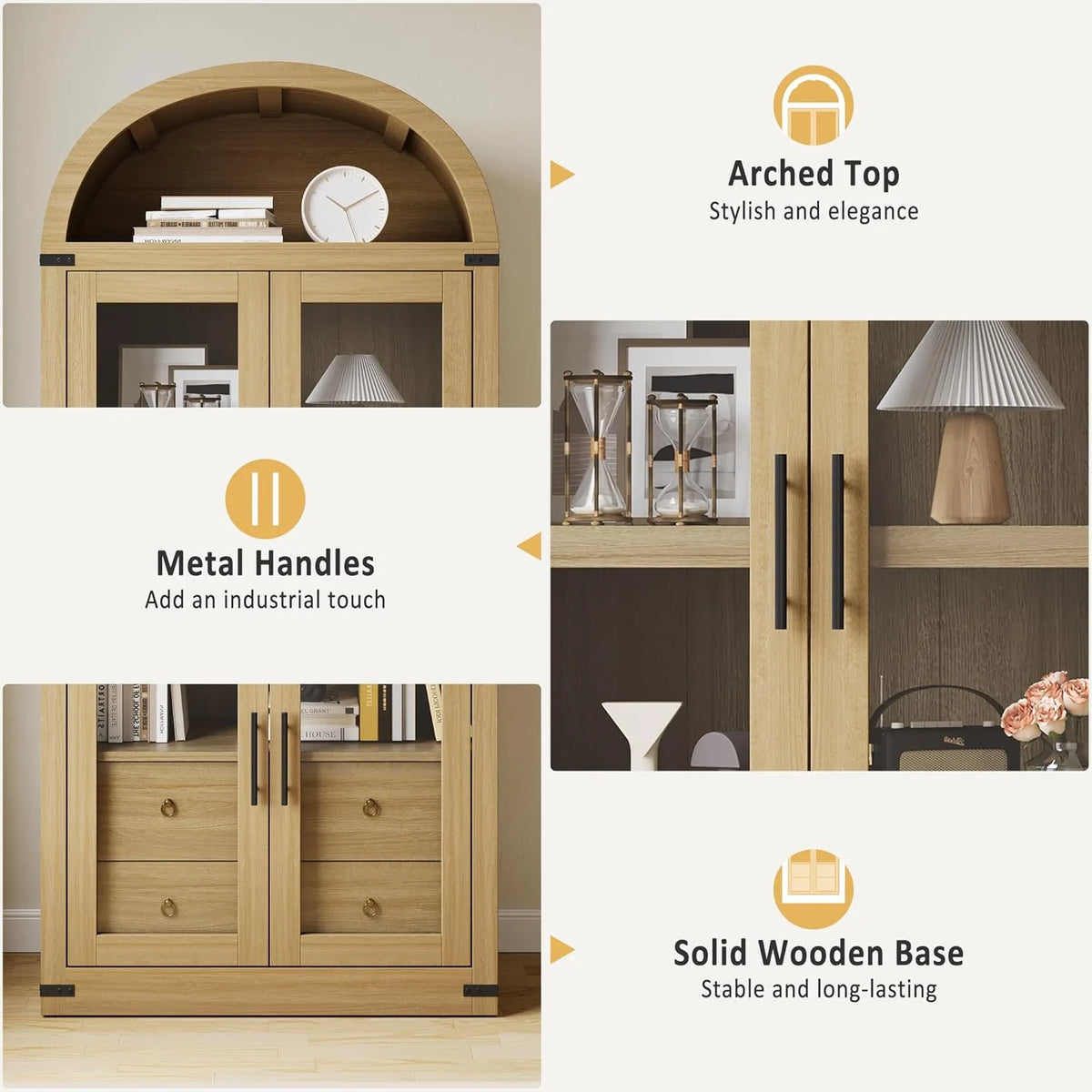 Arched Kitchen Pantry Storage Cabinet with 2 Drawers, 71-Inch Tall Farmhouse Wood Bookcase with 4 Doors for Kitchen Dining Room Bathroom