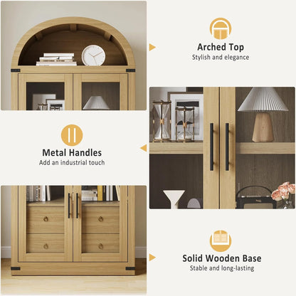 Arched Kitchen Pantry Storage Cabinet with 2 Drawers, 71-Inch Tall Farmhouse Wood Bookcase with 4 Doors for Kitchen Dining Room Bathroom