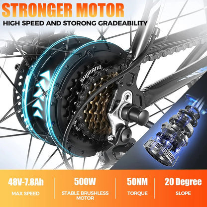 ANCHEER 26'' Electric Bike Adults/Electric Mountain Bike with 500W Motor, Up to 50 Miles commuter Ebike/Electric Bicycle with Removable 48V-7.8Ah Battery