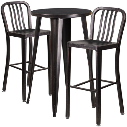 Flash Furniture Earl Commercial Grade 24" Round Silver Metal Indoor-Outdoor Bar Table Set with 2 Vertical Slat Back Stools