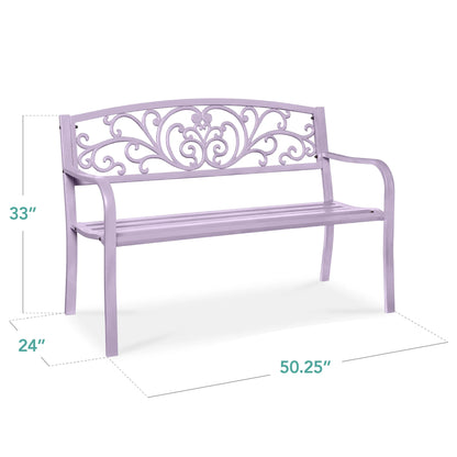 Best Choice Products Outdoor Steel Bench Garden Patio Porch Furniture w/ Floral Design Backrest - Black