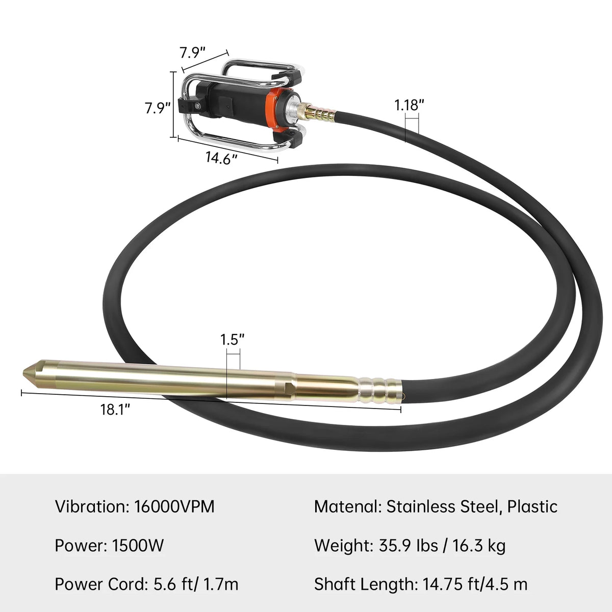 16,000 VPM Concrete Vibrating Tool, Concrete Vibrating Tool Equipped With 14.75FT Steel Vibrating Rod And Stainless Steel Roll Cage, Suitable For Removing Bubbles From Construction Cement
