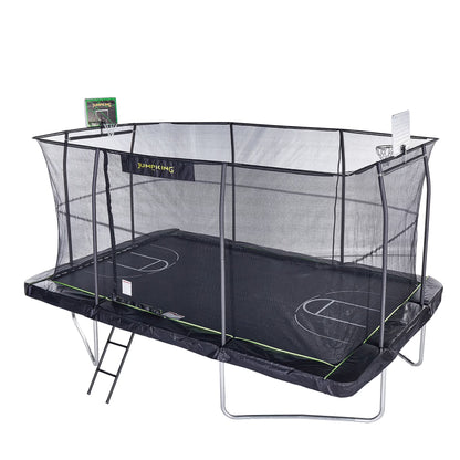 JumpKing 10'x15' Rectangle Trampoline with 2 Powder Coated Basketball Hoops & Breakaway Rim and Ladder- Large Recreational Trampoline for Kids and Adults with Enclosure Net