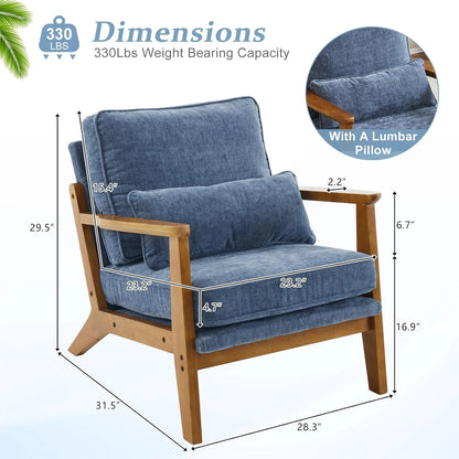 RWTFGV Solid Wood Wide Armrests Accent Chair,Upholstered Mid Century Modern Chair with Pillow,Comfy Reading Chair Farmhouse Arm Chair,Chairs Living Room,Bedroom,Guest Room,Linen Fabric,Beige