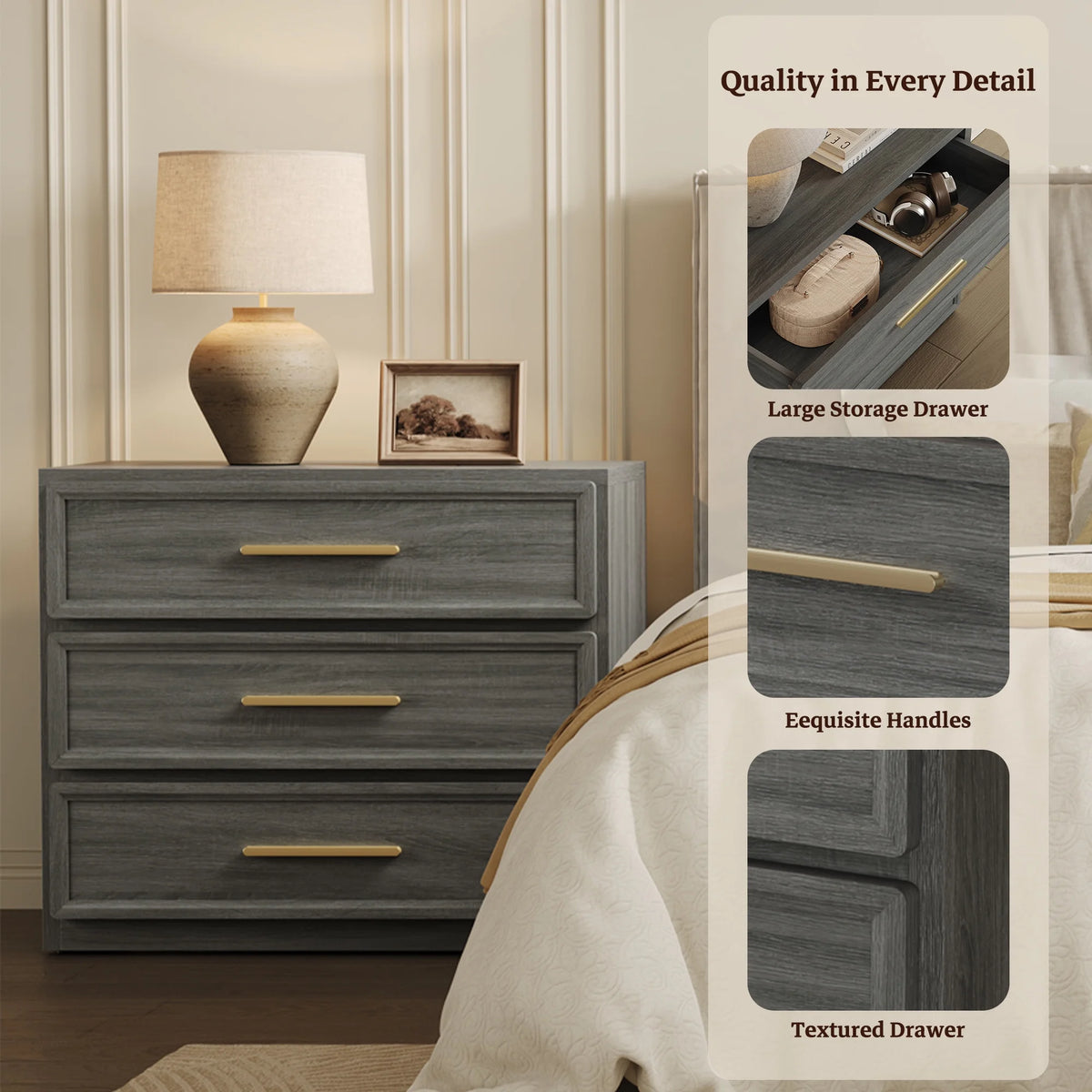 SICOTAS 31.3" W 3-Drawer Nightstand Set of 2 with Oversized Large Storage , Modern Night Stands Bedside Table with Adjustable Feet & Gold Handles for Bedroom Living Room Entryway, Light Oak