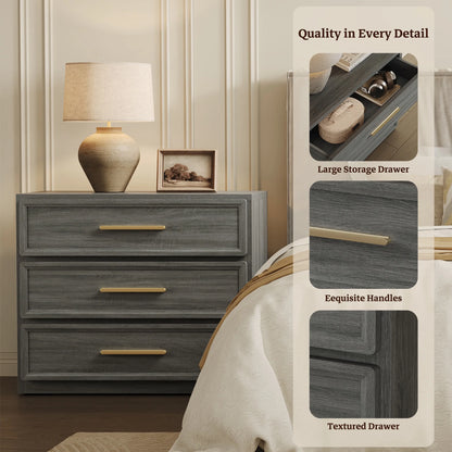 SICOTAS 31.3" W 3-Drawer Nightstand Set of 2 with Oversized Large Storage , Modern Night Stands Bedside Table with Adjustable Feet & Gold Handles for Bedroom Living Room Entryway, Light Oak