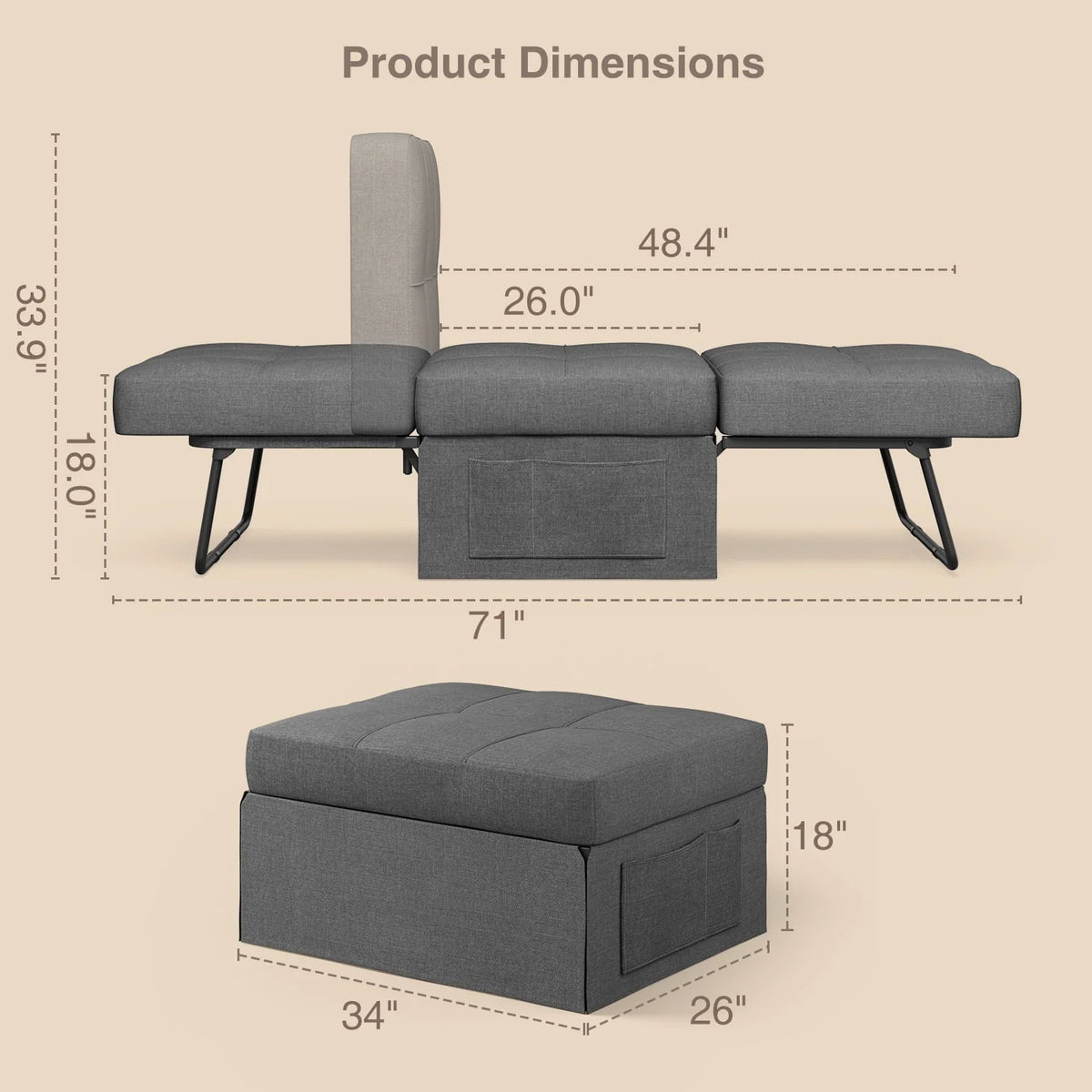 Chair Bed, Lofka Convertible Recliner Single Sofa Bed, Free Installation, 730 lbs, Dark Gray